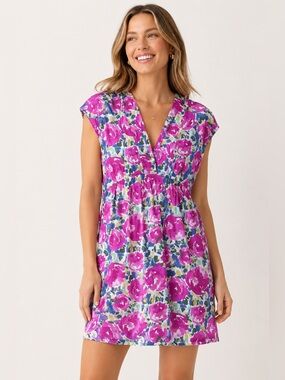 Garnet Hill Size 4 100% Cotton Floral Dress Empire Waist Surplice V Neck
